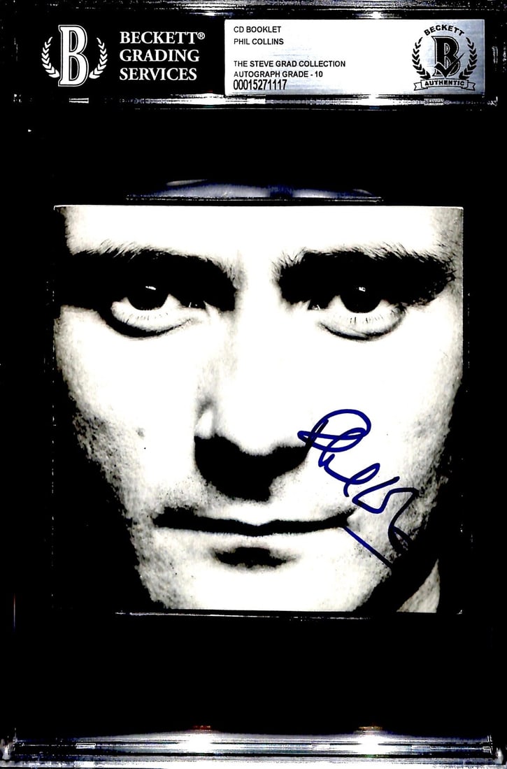 Phil Collins Signed Face Value CD Booklet Grade 10 Beckett: Phil Collins Signed Face Value CD Booklet Grade 10 Beckett This is an autographed black and white CD booklet of Phil Collins' album "Face Value," signed in blue permanent marker. The signature has bee