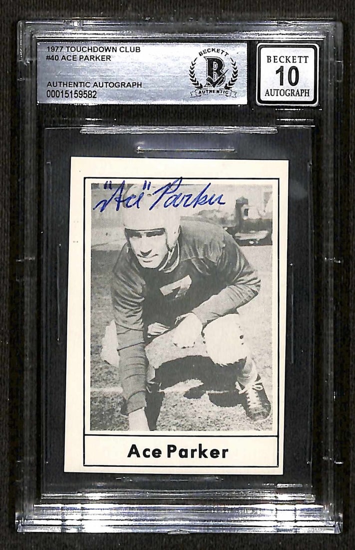 Ace Parker Signed 1977 Touchdown Club #40 Card Beckett 10: Ace Parker Signed 1977 Touchdown Club #40 Card Beckett 10 This is an autographed 1977 Touchdown Club #40 sports trading card featuring the signature of Ace Parker, a member of the Philadelphia Athleti