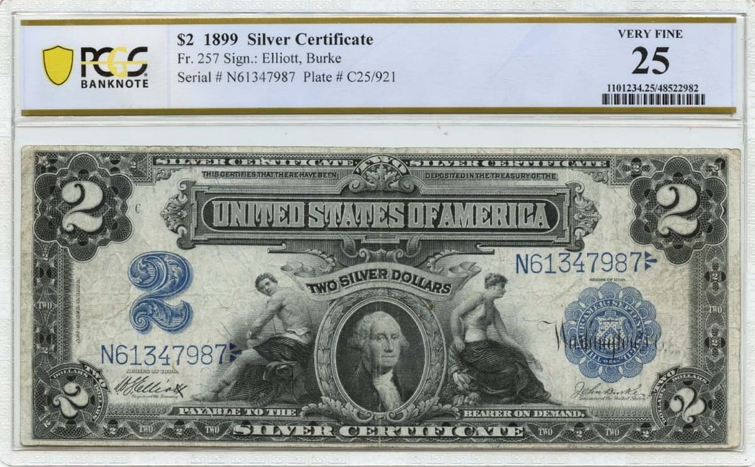 1899 $2 Silver Certificate Fr#257 PMG VF25 Certified Note: 1899 $2 Silver Certificate Fr#257 PMG VF25 Certified Note This 1899 $2 Silver Certificate, cataloged as Fr#257, is a notable piece of currency history. Graded as VF25 by PMG, it showcases the quality 