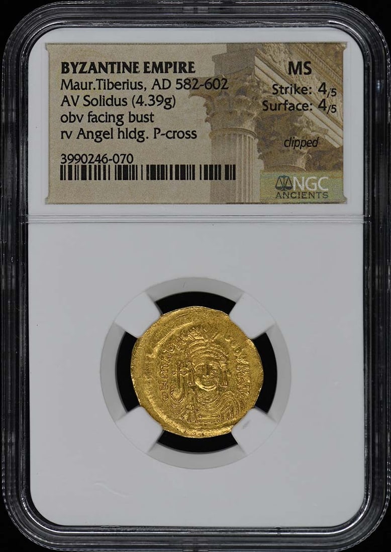 Byzantine Empire Gold Solidus Tiberius II NGC MS AD 582-602: Byzantine Empire Gold Solidus Tiberius II NGC MS AD 582-602 This exquisite gold solidus coin from the Byzantine Empire features the profile of Emperor Tiberius II, dated AD 582-602. It is certified by