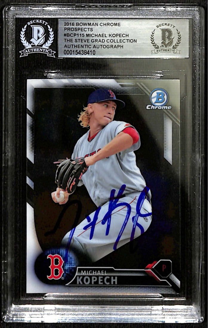 Michael Kopech Signed 2016 Bowman Chrome Prospects #BPC115 Beckett Authenticated Card: Michael Kopech Signed 2016 Bowman Chrome Prospects #BPC115 Beckett Authenticated Card This is a signed 2016 Bowman Chrome Prospects #BPC115 sports trading card featuring Boston Red Sox pitcher Michael