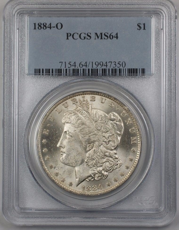 1884-O Morgan Silver Dollar Coin PCGS MS-64 Uncirculated Silver: 1884-O Morgan Silver Dollar Coin PCGS MS-64 Uncirculated Silver This 1884-O US Morgan Silver Dollar features a pristine uncirculated condition and is certified by PCGS with a grade of MS-64. Struck in