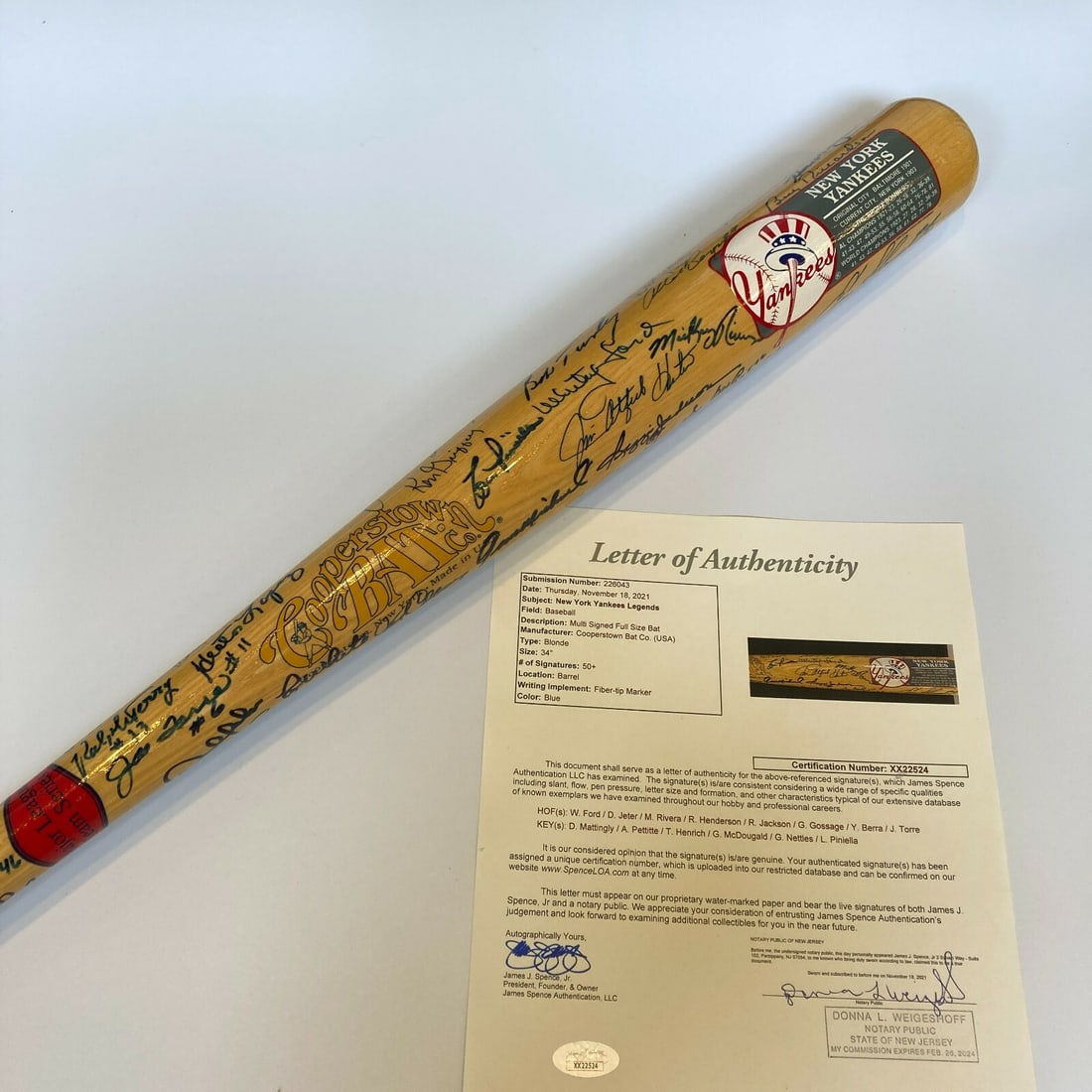 New York Yankees Legends Signed Bat 50+ Sigs JSA Authenticated: New York Yankees Legends Signed Bat 50+ Sigs JSA Authenticated Celebrate the legacy of baseball with this exceptional Cooperstown Autograph Model bat, signed by over 50 legendary New York Yankees play