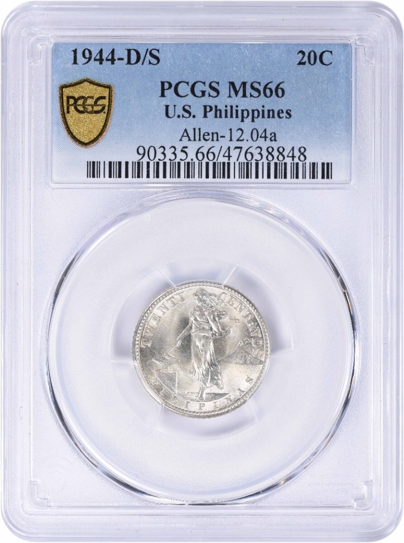 1944-D/S Philippines 20 Centavos KM182 MS66 Certified Coin: 1944-D/S Philippines 20 Centavos KM182 MS66 Certified Coin This 1944-D/S Philippines 20 Centavos, certified by PCGS, showcases an impressive grade of MS66, indicating its uncirculated condition. Struc