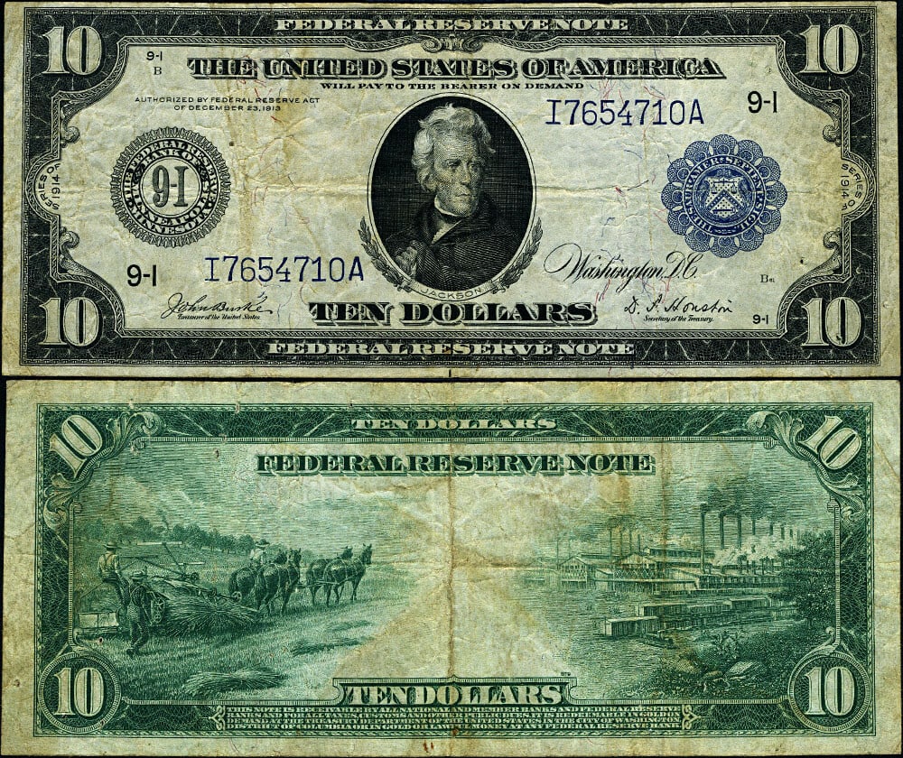 1914 $10 Federal Reserve Note Minneapolis Circulated VF: 1914 $10 Federal Reserve Note Minneapolis Circulated VF This 1914 Federal Reserve Note features a denomination of $10 and originates from Minneapolis. It is classified as circulated and has achieved a