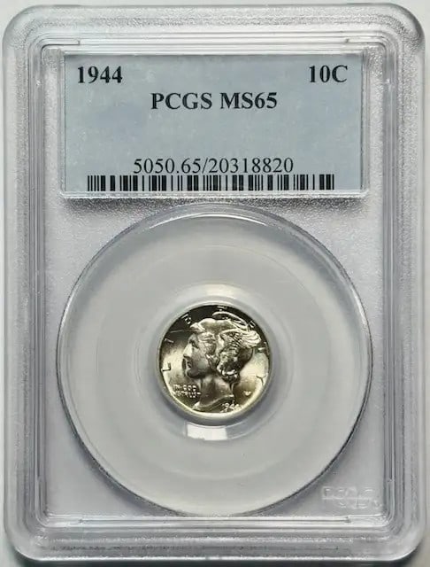1944 P Mercury Dime Silver PCGS MS65 Uncirculated: 1944 P Mercury Dime Silver PCGS MS65 Uncirculated This 1944 P Mercury Dime is certified by PCGS with a grade of MS 65, indicating it is in uncirculated condition. Minted in Philadelphia, this coin is 