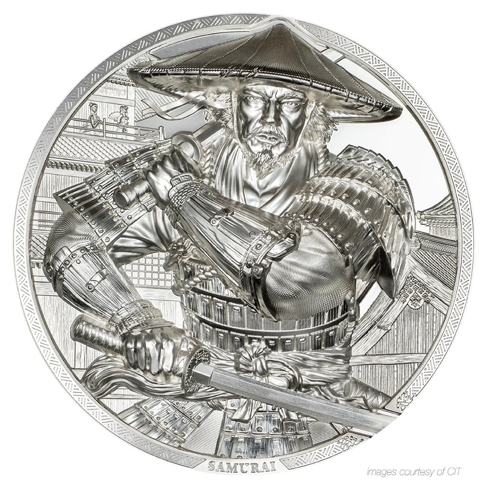 2025 $25 5oz Silver Samurai Coin with Box & COA: 2025 $25 5oz Silver Samurai Coin with Box & COA Celebrate the spirit of the samurai with this stunning 2025 Cook Islands $25 5oz Silver Samurai coin, presented in a box with a Certificate of Authentic