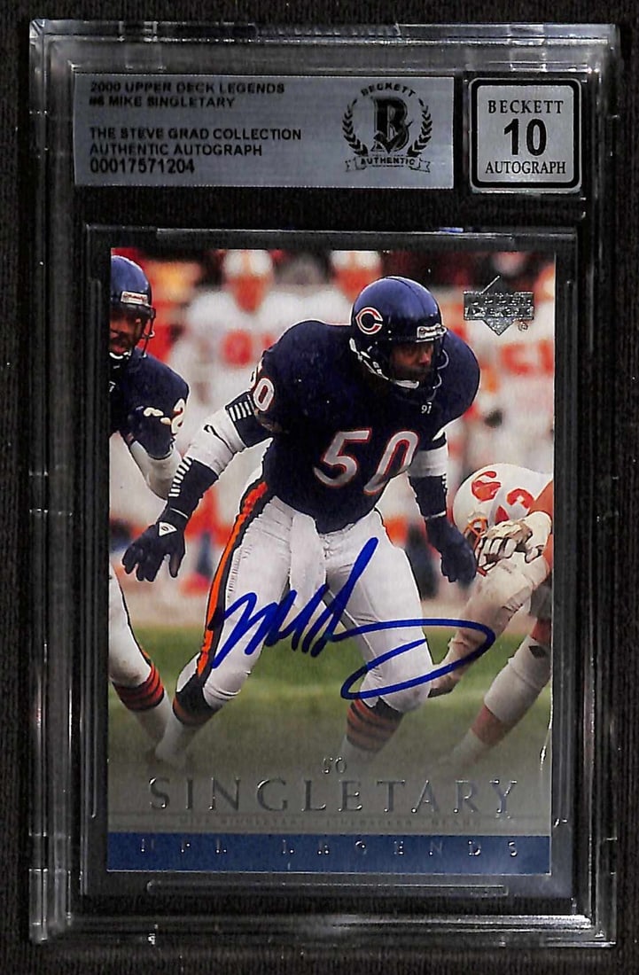 Mike Singletary Signed 2000 Upper Deck Legends Card Beckett 10: Mike Singletary Signed 2000 Upper Deck Legends Card Beckett 10 This is an autographed 2000 Upper Deck Legends #6 sports trading card featuring Mike Singletary, the legendary linebacker of the Chicago 