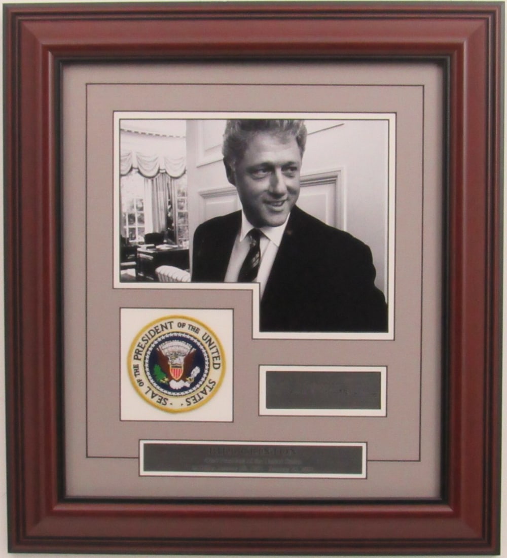 Bill Clinton Laser Signed 8x10 B/W Photo with Patch Framed: Bill Clinton Laser Signed 8x10 B/W Photo with Patch Framed This striking framed display features a laser-signed 8x10 black and white photograph of Bill Clinton, the 42nd President of the United States