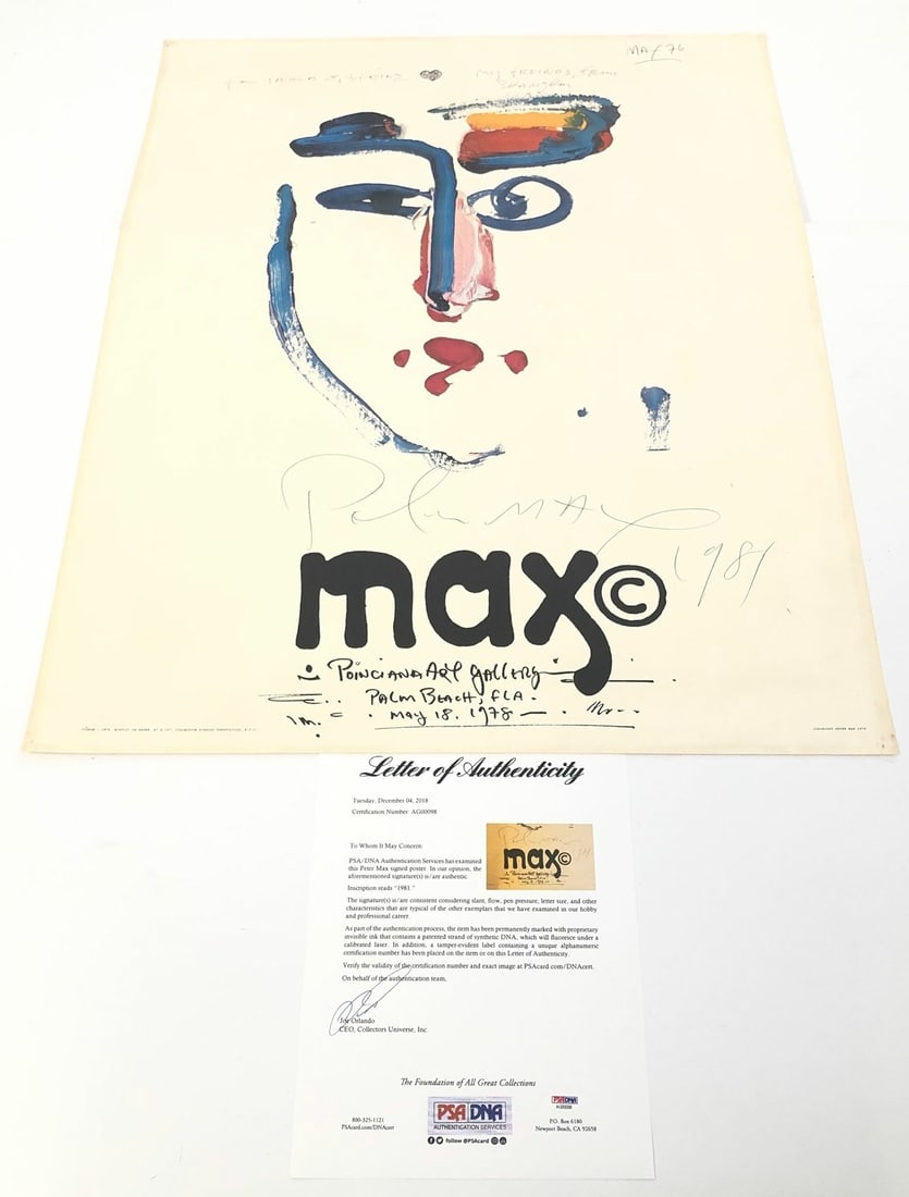 Peter Max Signed 24x31.5 Poster PSA/DNA Certified Original Art: Peter Max Signed 24x31.5 Poster PSA/DNA Certified Original Art This original 24x31.5 poster features a vibrant design by Peter Max, renowned for his colorful and psychedelic artwork. The poster is aut