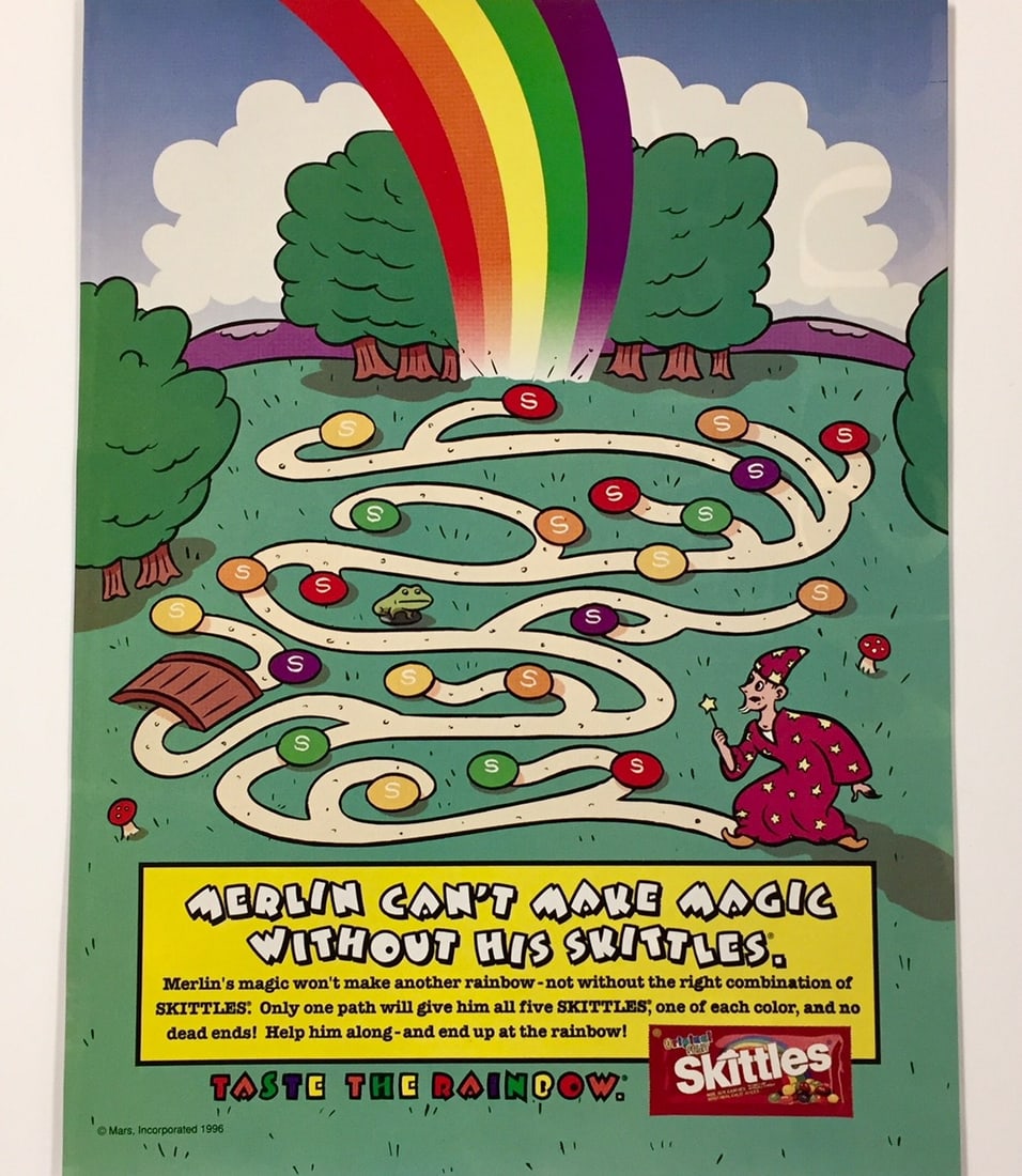 1996 Original SKITTLES CANDY Full-Page Print Advertisement: 1996 Original SKITTLES CANDY Full-Page Print Advertisement This is an original full-page print advertisement for Skittles Candy, dating back to 1996. The ad features the Merlin Maze Puzzle, showcasing
