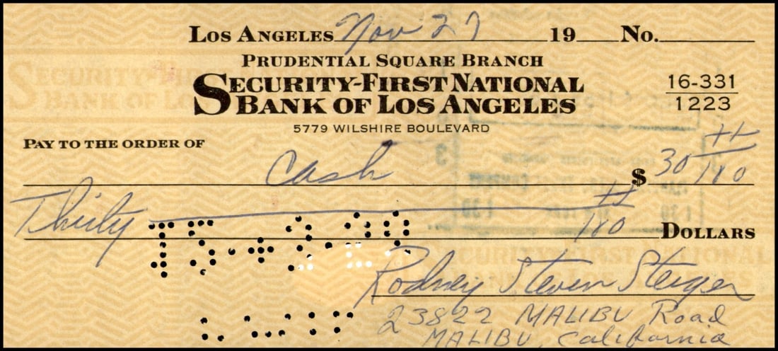 Rod Steiger Autographed Original Bank Check JSA Certified: Rod Steiger Autographed Original Bank Check JSA Certified This is a bank check signed by the acclaimed actor Rod Steiger. The authenticity of the autograph is verified by James Spence Authentication (