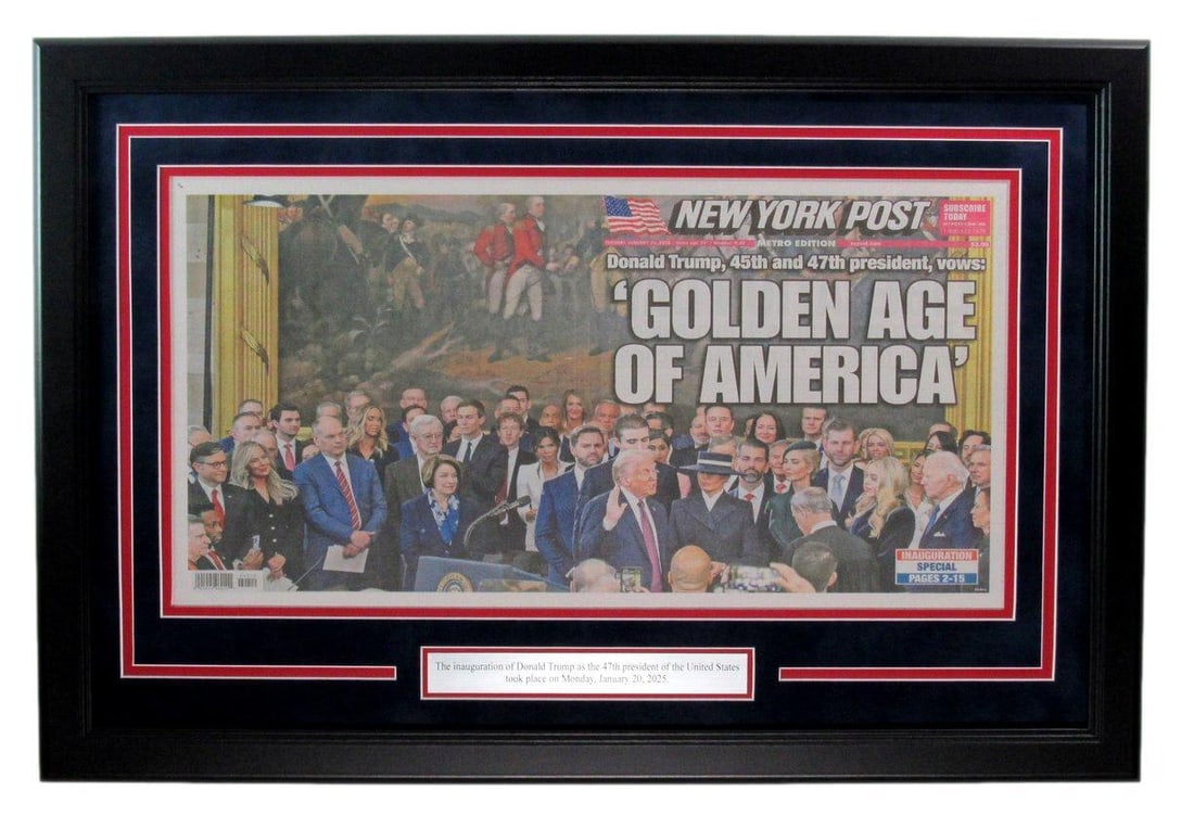 Framed New York Post Donald Trump Inauguration Newspaper January 21 2025: Framed New York Post Donald Trump Inauguration Newspaper January 21 2025 This unique piece features a framed New York Post newspaper from January 21, 2025, commemorating Donald Trump's inauguration. A
