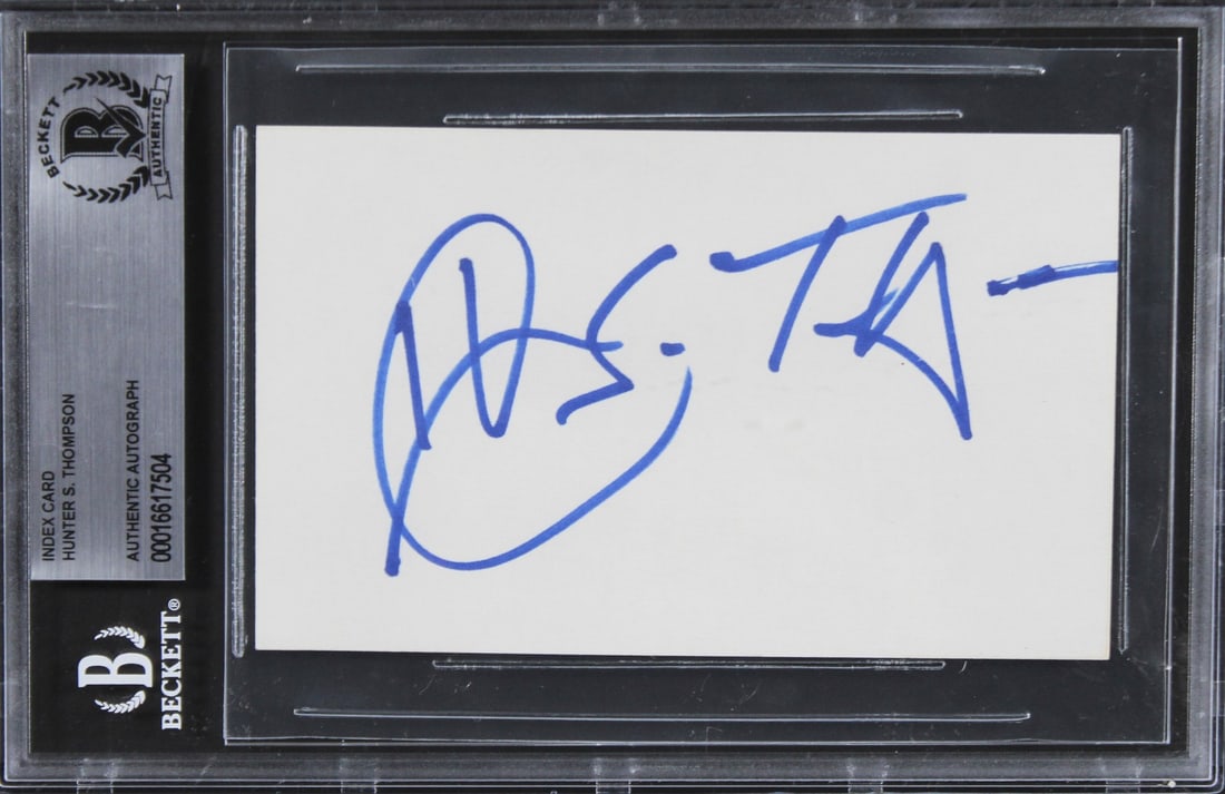 Hunter S. Thompson Autographed 3x5 Index Card BAS Authenticated: Hunter S. Thompson Autographed 3x5 Index Card BAS Authenticated This autographed 3x5 index card features the signature of Hunter S. Thompson, renowned author of "Fear and Loathing In Las Vegas." The c