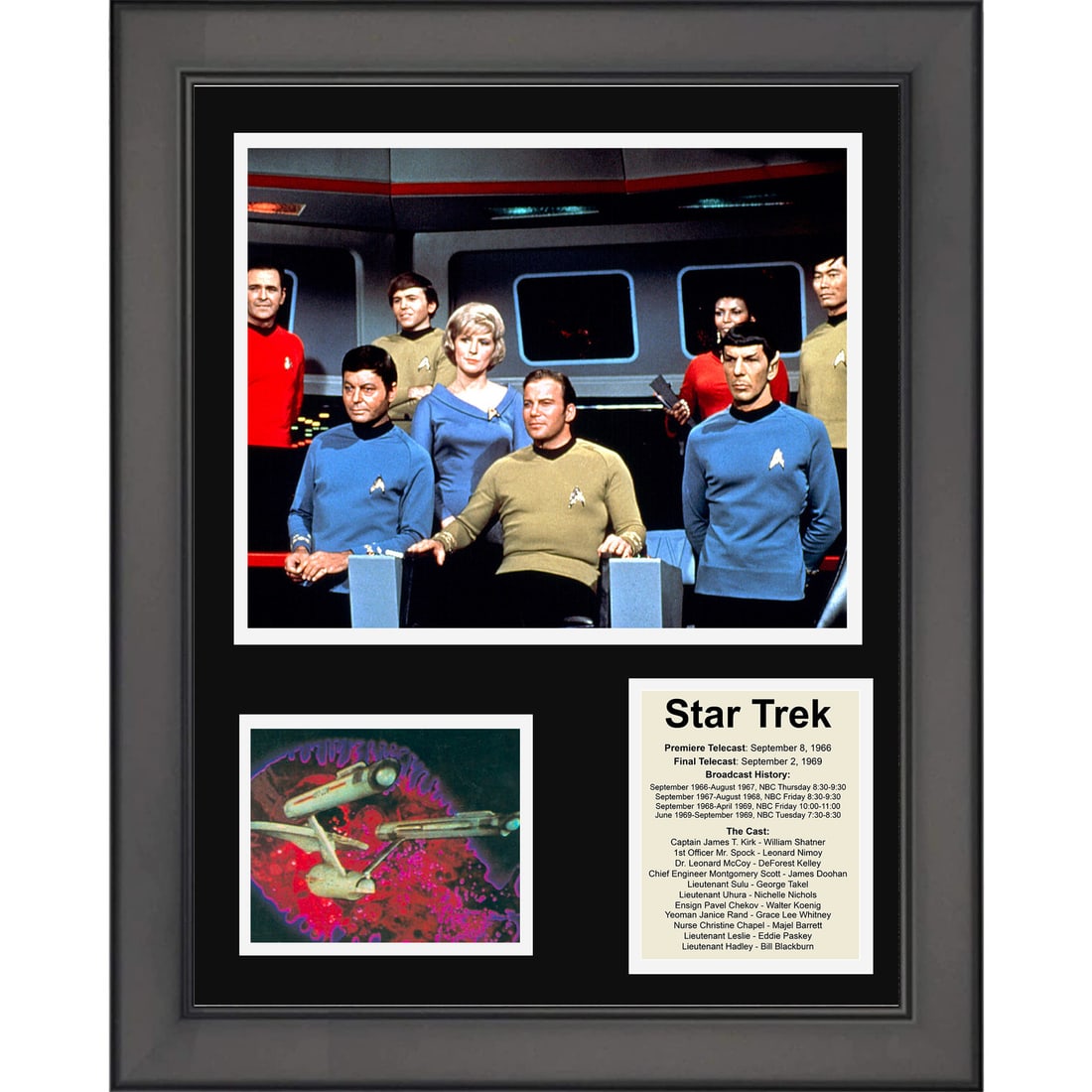 Framed Star Trek 11x14 Collage of William Shatner Original Graded Art: Framed Star Trek 11x14 Collage of William Shatner Original Graded Art This captivating framed collage features three stunning photos from the iconic Star Trek television series, showcasing the legenda