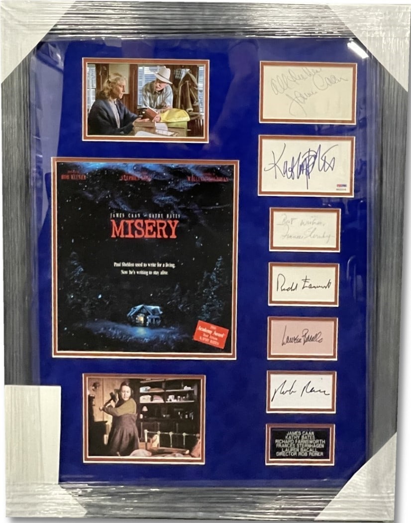 Misery Cast Signed Photograph Custom Frame PSA Authenticated James Caan Kathy Bates +4: Misery Cast Signed Photograph Custom Frame PSA Authenticated James Caan Kathy Bates +4 This custom framed display features autographs from the iconic cast of the film "Misery," including James Caan, K