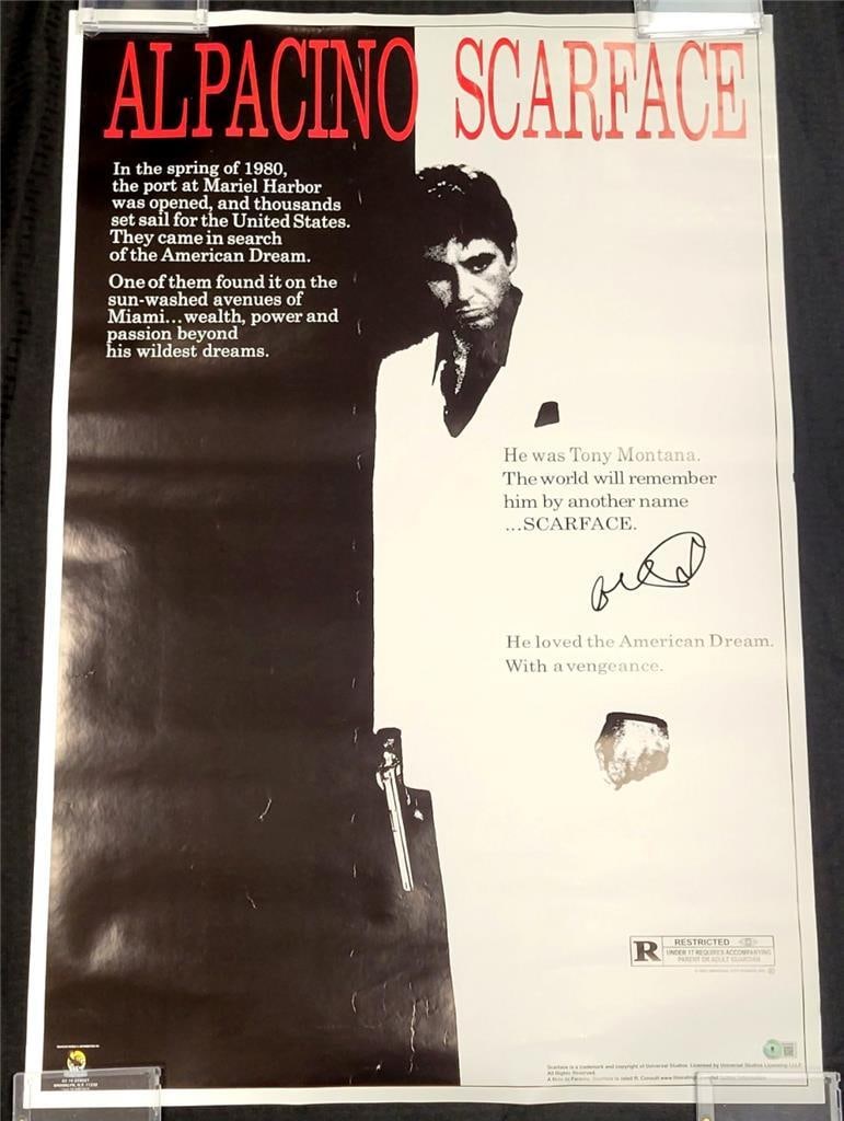 Al Pacino Autographed Scarface 24x36 Movie Poster Beckett Authenticated: Al Pacino Autographed Scarface 24x36 Movie Poster Beckett Authenticated This is an original 24x36 movie poster of Scarface, personally signed by the iconic actor Al Pacino. The autograph has been auth