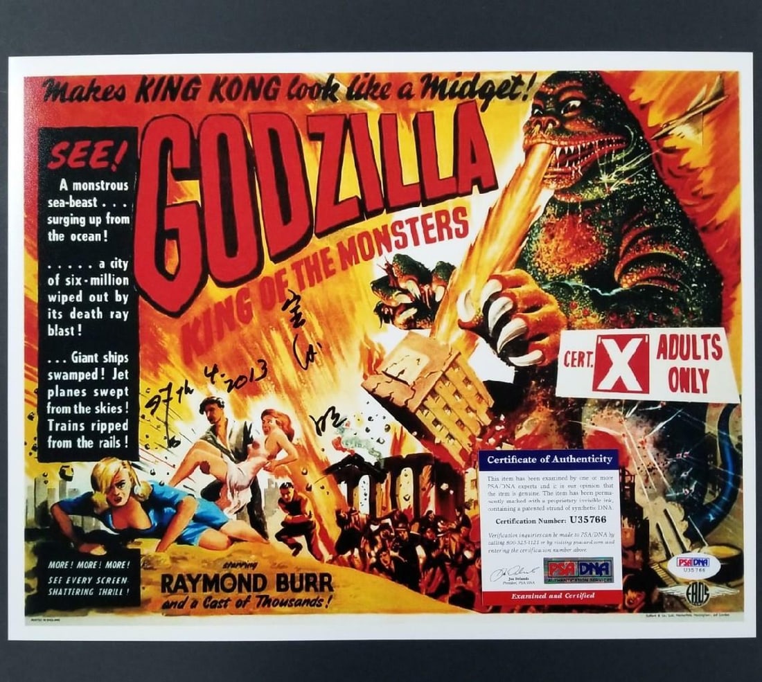Akira Takarada Signed Godzilla King of Monsters 11x14 Photo PSA/DNA: Akira Takarada Signed Godzilla King of Monsters 11x14 Photo PSA/DNA This is an original photograph featuring Akira Takarada, signed in connection with the iconic film 'Godzilla: King of the Monsters.'