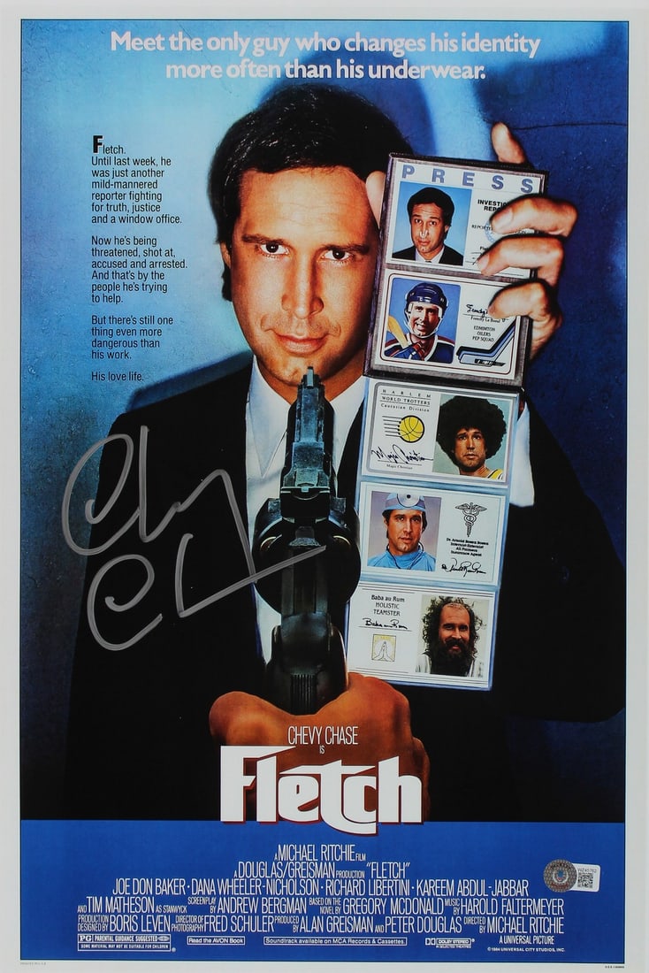 Chevy Chase Fletch Signed 12x18 Mini Movie Poster BAS Witnessed: Chevy Chase Fletch Signed 12x18 Mini Movie Poster BAS Witnessed This authentic 12x18 mini movie poster photo features the signature of Chevy Chase, renowned for his role in the classic film 'Fletch.'