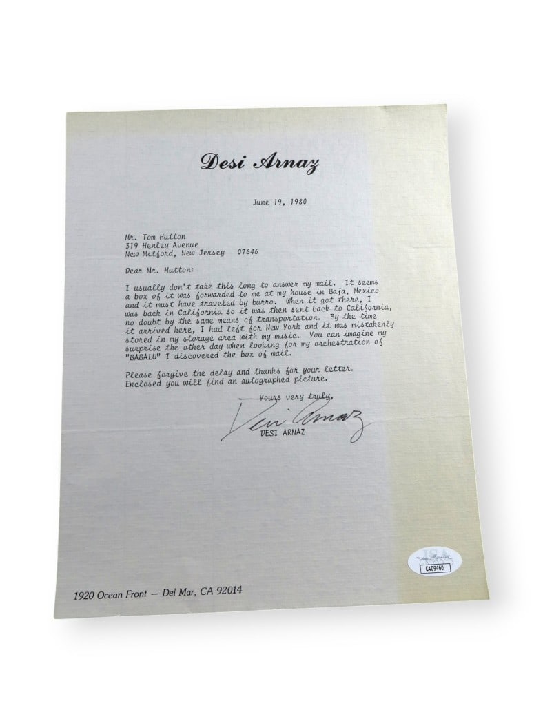 Desi Arnaz Signed Personal Letter I Love Lucy JSA Authenticated: Desi Arnaz Signed Personal Letter I Love Lucy JSA Authenticated This is a personal letter signed by Desi Arnaz, famously known for his role as Ricky Ricardo in the classic television series 'I Love Lu