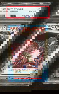 Michael Jordan 1989 Fleer All Stars Sticker #3 PSA 8 Bulls Collectible: Michael Jordan 1989 Fleer All Stars Sticker #3 PSA 8 Bulls Collectible This is a 1989 Fleer All Stars Sticker featuring Michael Jordan, graded PSA 8 NM-MT. This vintage basketball collectible is an or