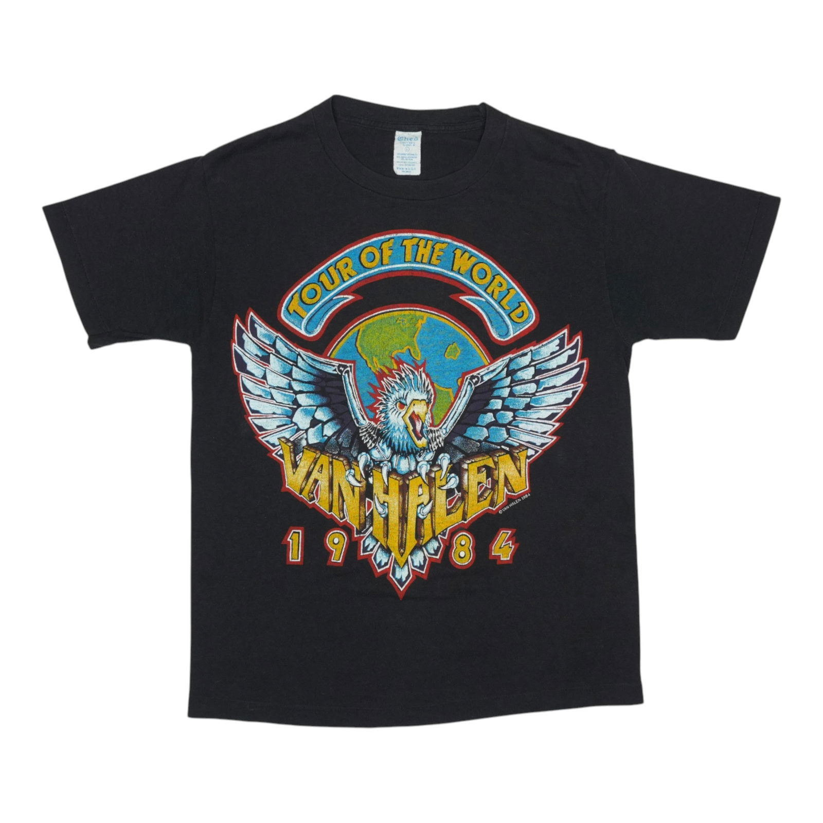 Authentic 1984 Van Halen Vintage Tour Shirt Black: Authentic 1984 Van Halen Vintage Tour Shirt Black Celebrate the iconic rock band with this original vintage 1984 Van Halen Tour Shirt. This authentic shirt features striking front and back graphics, s