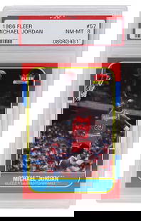 Michael Jordan 1986 Fleer Rookie Card #57 PSA 8 Chicago Bulls: Michael Jordan 1986 Fleer Rookie Card #57 PSA 8 Chicago Bulls Presenting the iconic Michael Jordan 1986 Fleer Basketball #57 Rookie Card, a must-have for any serious collector. This card features the