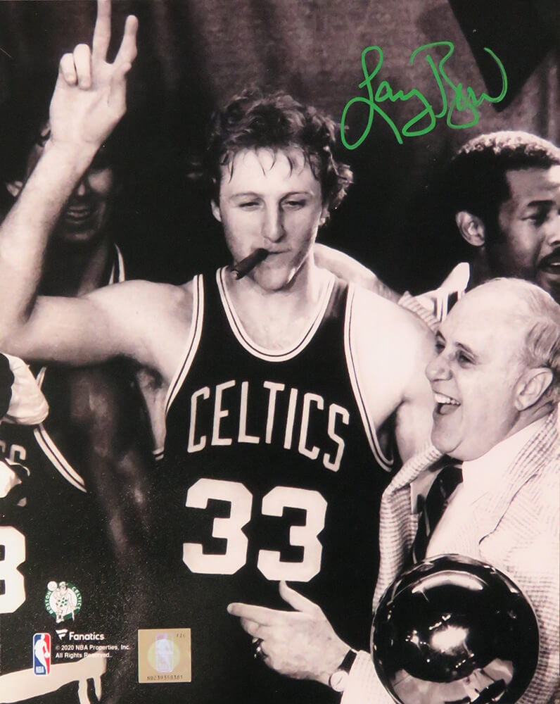 Larry Bird Signed Boston Celtics Celebration Photo 8x10 with COA: Larry Bird Signed Boston Celtics Celebration Photo 8x10 with COA Commemorate a legendary moment in basketball history with this authentic Larry Bird signed 8x10 black and white photo capturing the Bos