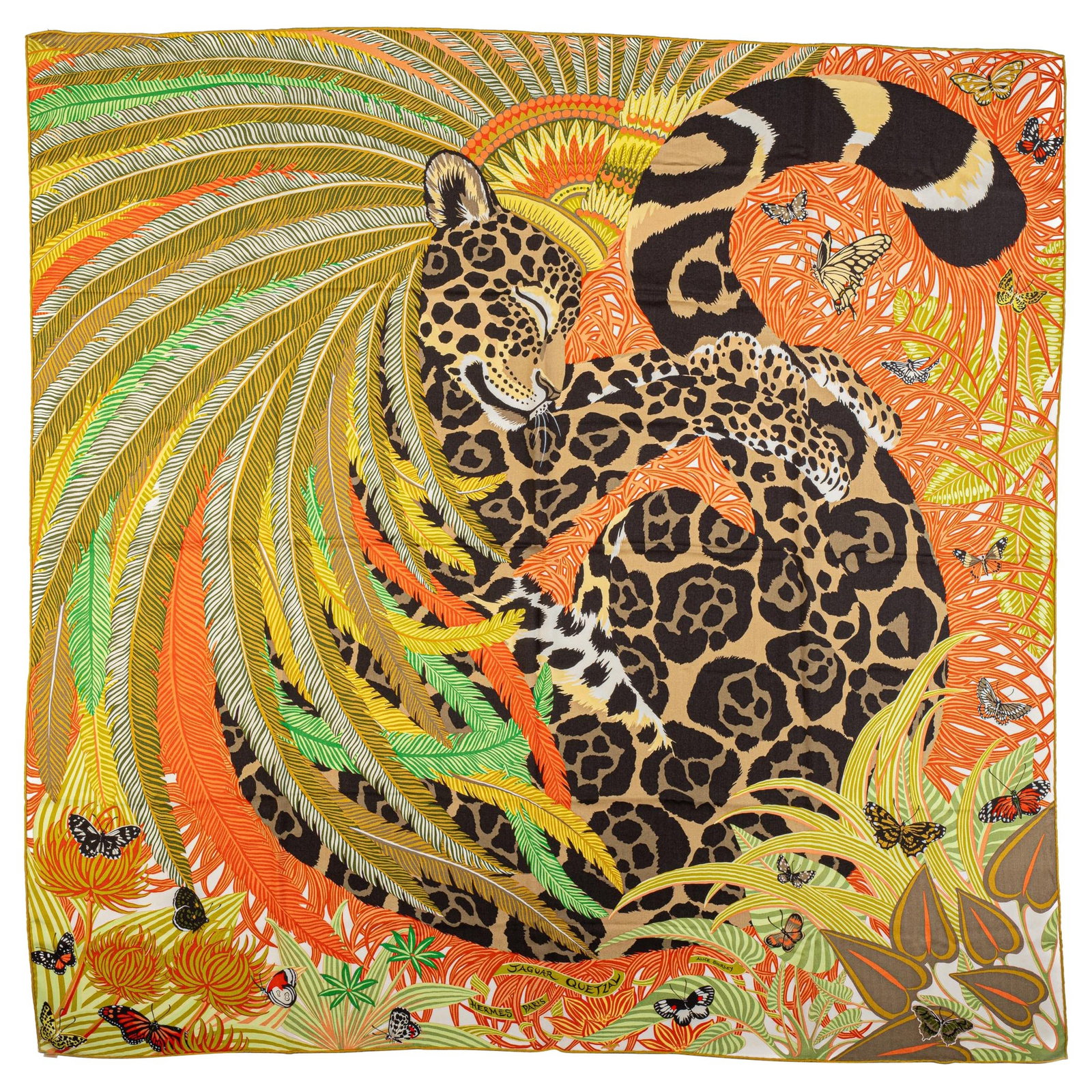 Hermes Jaguar Quetzal Orange 54 Inch Cashmere Silk Shawl: Hermes Jaguar Quetzal Orange 54 Inch Cashmere Silk Shawl Experience luxury with this exquisite Hermes Jaguar Quetzal Orange Cashmere shawl. This oversize 54" square shawl features a stunning collectib