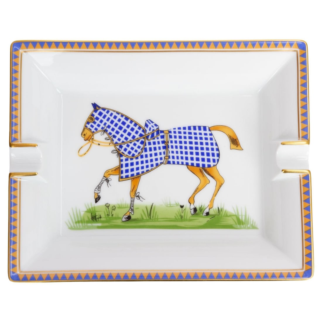 Hermes Vintage Horse Ashtray Blue Design France: Hermes Vintage Horse Ashtray Blue Design France This exquisite Hermes vintage ashtray showcases a striking design, featuring a galloping horse adorned in a blue blanket at its center. Crafted in Franc