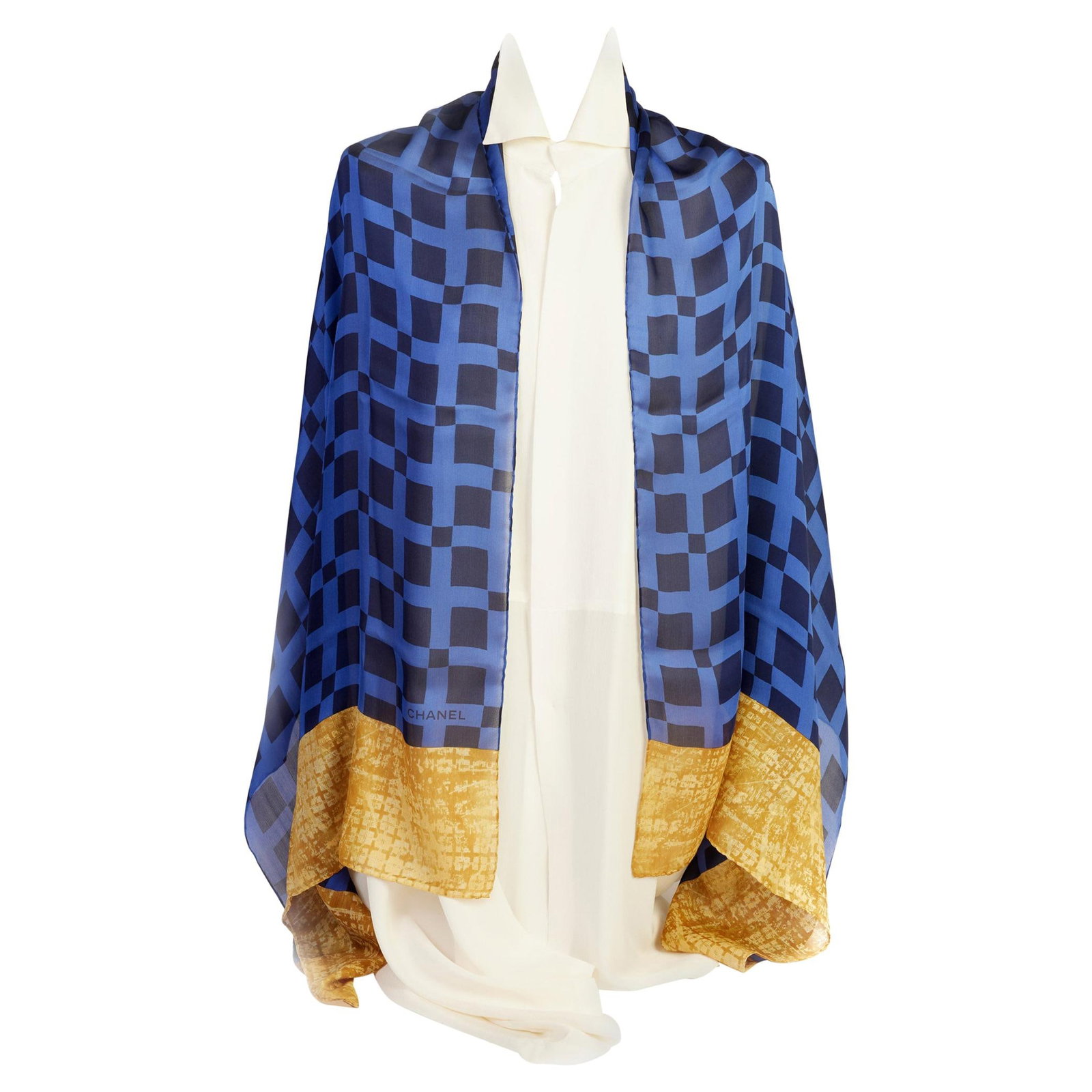 Chanel Blue Gold Silk Stole Shawl 27 x 68 Hand Rolled Edges: Chanel Blue Gold Silk Stole Shawl 27 x 68 Hand Rolled Edges This exquisite Chanel stole features a stunning blue and gold design, perfect for adding a touch of luxury to any outfit. Crafted in France,