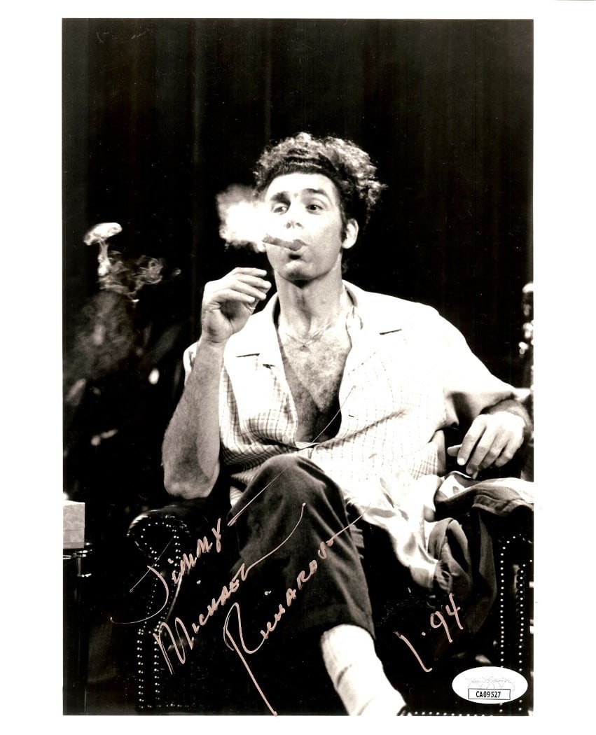 Michael Richards Signed 8X10 Photo Kramer Cigar JSA Authenticated: Michael Richards Signed 8X10 Photo Kramer Cigar JSA Authenticated Capture a piece of television history with this authentic 8x10 photograph of Michael Richards as Kramer from Seinfeld, signed by the a