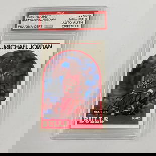 1989 Hoops Michael Jordan #200 Signed Card PSA 8 Authenticated: 1989 Hoops Michael Jordan #200 Signed Card PSA 8 Authenticated Celebrate basketball history with this 1989 Hoops Michael Jordan #200 signed trading card. This iconic card features a stunning on-card s