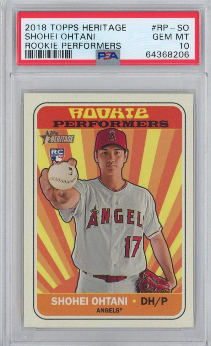 2018 Topps Heritage Shohei Ohtani Rookie Card PSA 10 MLB Original: 2018 Topps Heritage Shohei Ohtani Rookie Card PSA 10 MLB Original This is a graded 2018 Topps Heritage Shohei Ohtani #RP-SO Rookie Performers card, recognized for its exceptional quality with a PSA gr
