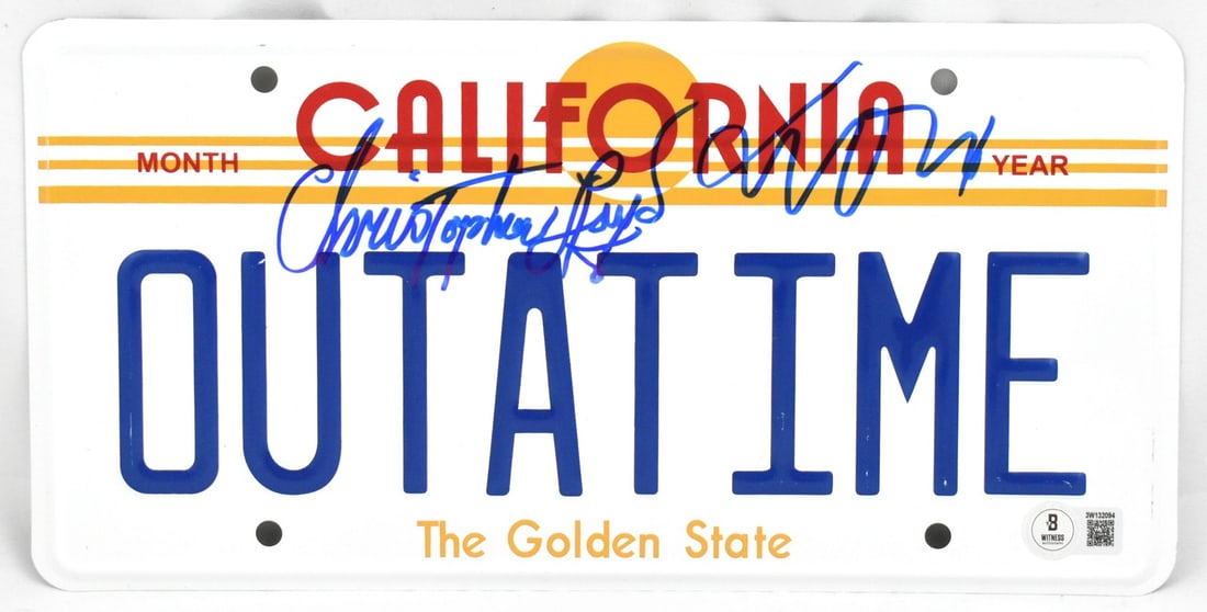 Back to the Future Signed License Plate by Lloyd & Fox Beckett Authenticated: Back to the Future Signed License Plate by Lloyd & Fox Beckett Authenticated Own a piece of cinematic history with this signed Back to the Future license plate by Christopher Lloyd and Michael J. Fox.