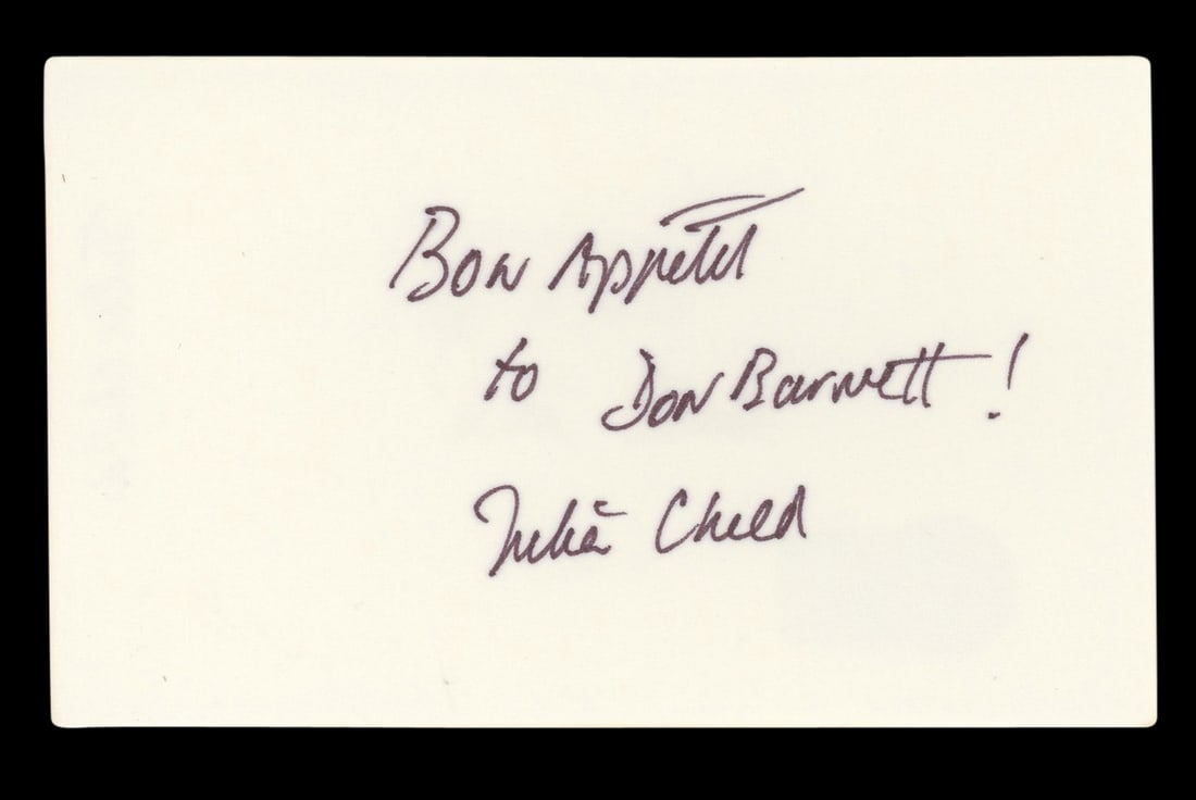 Julia Child Signed 3x5 Index Card Bon Apetit BAS Authenticated: Julia Child Signed 3x5 Index Card Bon Apetit BAS Authenticated This is a signed 3x5 index card featuring a personal inscription from renowned television host Julia Child, reading "Bon Apetit, To Don B