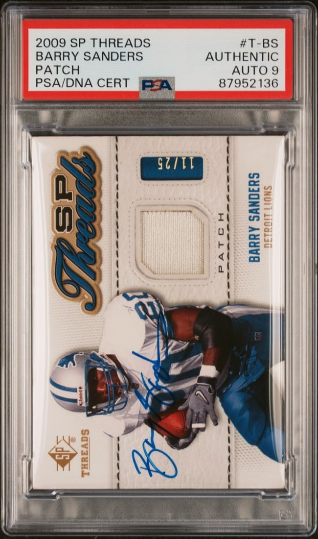 2009 SP Threads Barry Sanders Signed Patch Card PSA Authenticated T-BS: 2009 SP Threads Barry Sanders Signed Patch Card PSA Authenticated T-BS This 2009 SP Threads Patch #T-BS trading card features an authentic autograph from NFL legend Barry Sanders, a standout player fo