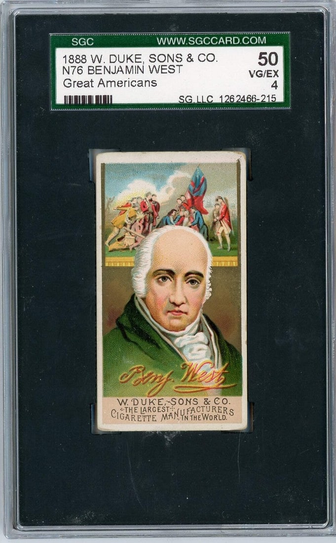 1888 N76 W Duke Great Americans Benjamin West Tobacco Card SGC 4: 1888 N76 W Duke Great Americans Benjamin West Tobacco Card SGC 4 This is a graded 1888 N76 W Duke Sons Co Great Americans tobacco card featuring the renowned athlete Benjamin West. The card is rated a