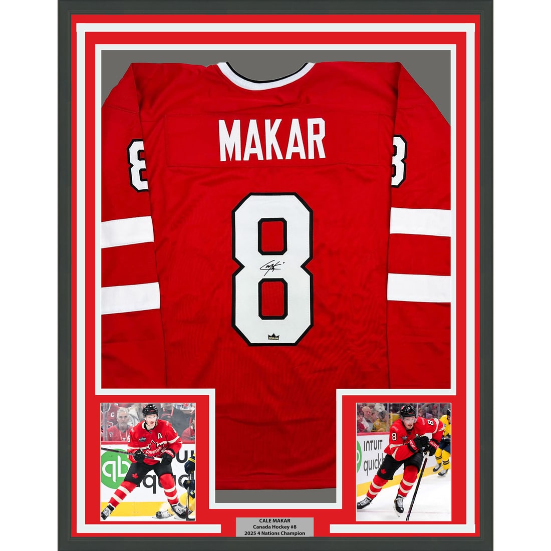 Framed Cale Makar Autographed Reprint Jersey Canada JSA Authenticated: Framed Cale Makar Autographed Reprint Jersey Canada JSA Authenticated This framed facsimile jersey features the signature of Cale Makar, a standout player for Team Canada. The item is an original repr