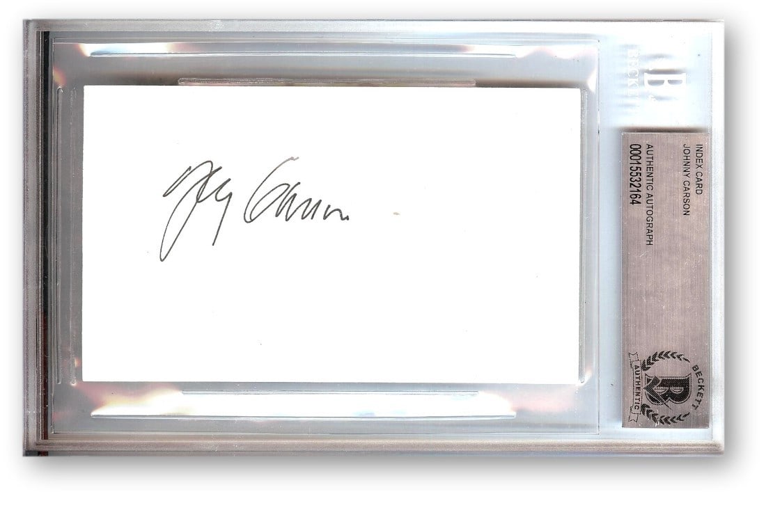 Johnny Carson Autographed Index Card The Tonight Show Beckett Authenticated: Johnny Carson Autographed Index Card The Tonight Show Beckett Authenticated Celebrate a piece of television history with this Johnny Carson signed autographed index card, featuring the iconic host of
