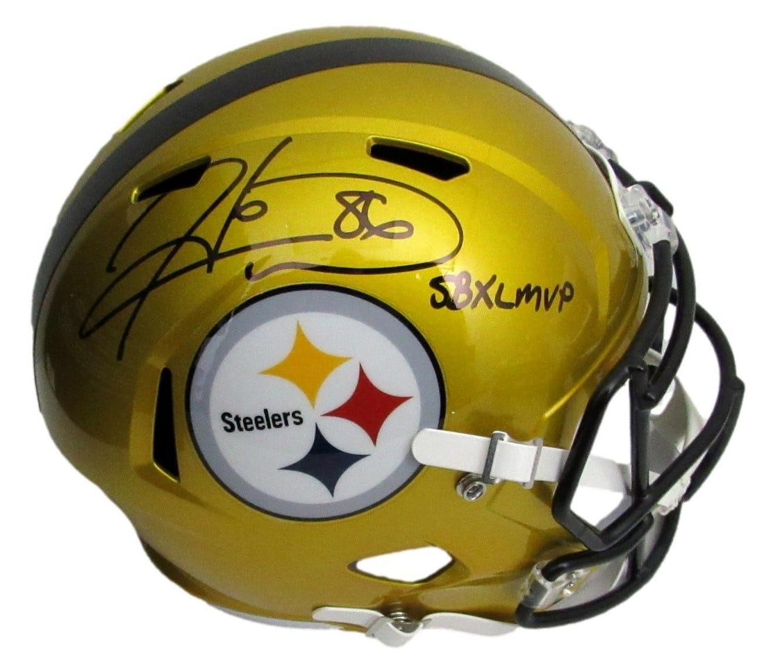 Hines Ward Autographed Gold Flash Helmet SB XL MVP Steelers Beckett: Hines Ward Autographed Gold Flash Helmet SB XL MVP Steelers Beckett This is a full-size gold flash replica football helmet autographed and inscribed by Hines Ward, featuring the inscription "SB XL MVP