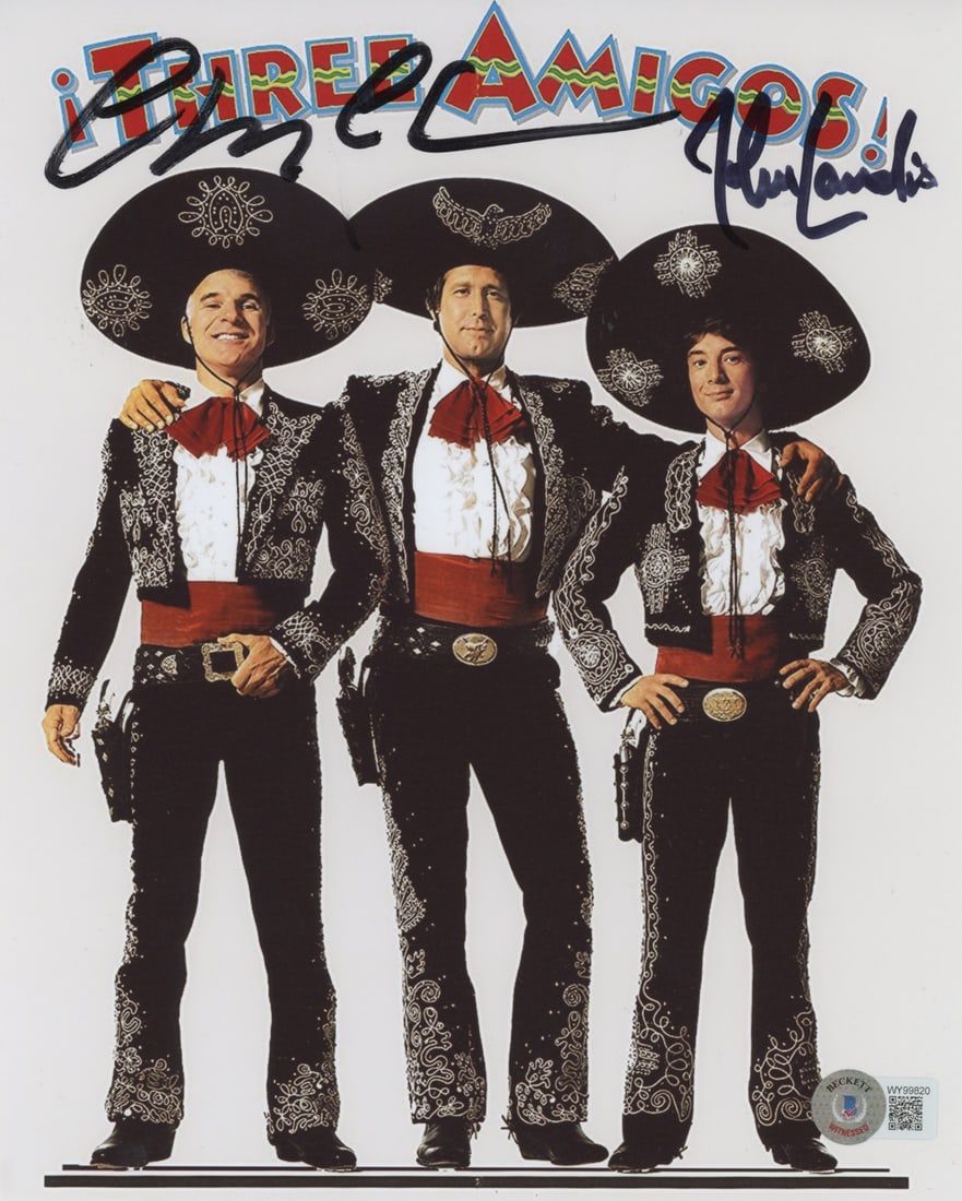 Chevy Chase John Landis Signed Three Amigos 8x10 Photo BAS Authentic: Chevy Chase John Landis Signed Three Amigos 8x10 Photo BAS Authentic This authentic 8x10 photograph features the signatures of Chevy Chase and John Landis, both renowned for their roles in the film "T