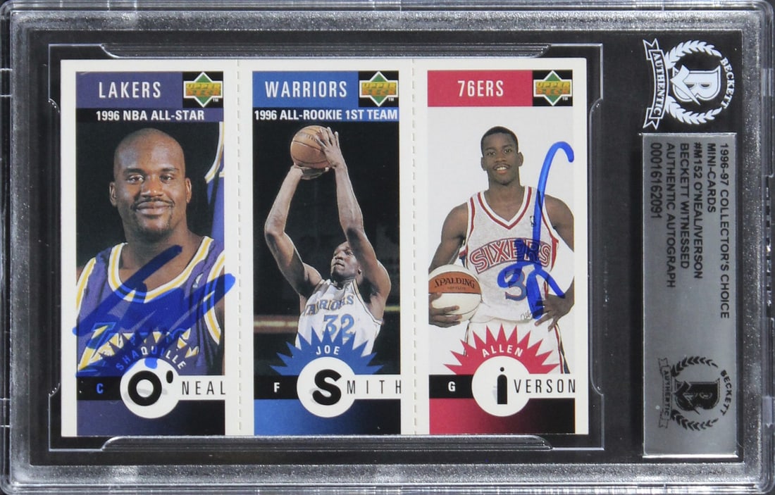 Shaquille O'Neal Allen Iverson Signed 1996 Mini-Card BAS Authenticated: Shaquille O'Neal Allen Iverson Signed 1996 Mini-Card BAS Authenticated This autographed 1996 Collector's Choice Mini-Card #M152 features the signatures of basketball legends Shaquille O'Neal and Allen