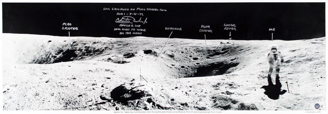 Charles Duke Signed Apollo 16 12x35 Photo Plum Crater Rim Beckett Authenticated: Charles Duke Signed Apollo 16 12x35 Photo Plum Crater Rim Beckett Authenticated This stunning 12x35 photo captures a moment from Apollo 16, featuring the inscription "Soil Sampling On Plum Crater Rim,