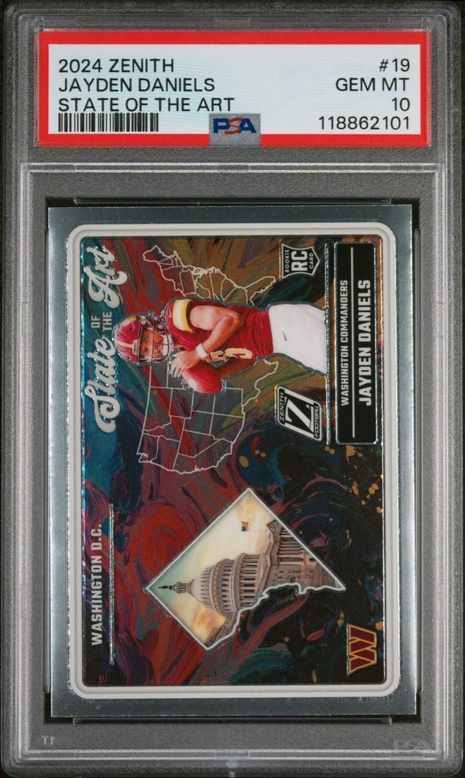 2024 Zenith Jayden Daniels #19 RC Football Card PSA 10 Authentic: 2024 Zenith Jayden Daniels #19 RC Football Card PSA 10 Authentic This graded 2024 Zenith Jayden Daniels #19 State of the Art RC Football Card is a must-have for collectors. Featuring the talented athl