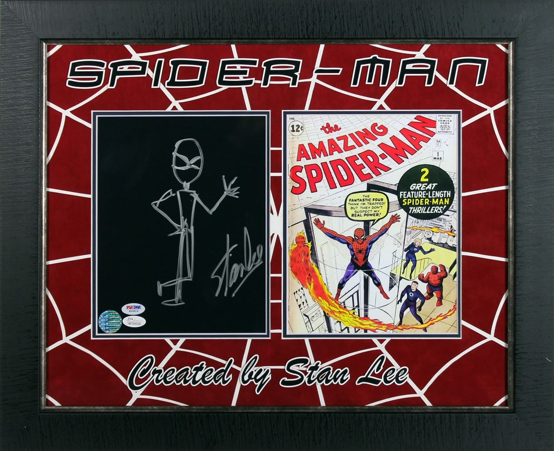 Stan Lee Signed Framed 8x10 Spiderman Sketch JSA Authenticated: Stan Lee Signed Framed 8x10 Spiderman Sketch JSA Authenticated This stunning piece features an authentic signed and framed 8x10 hand-drawn sketch of Spiderman by the legendary Stan Lee. The artwork ha