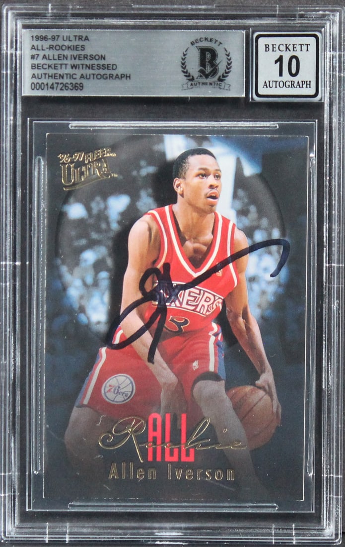 Allen Iverson Signed 1996 Ultra All Rookies #7 Gem Mint 10 BAS Slabbed: Allen Iverson Signed 1996 Ultra All Rookies #7 Gem Mint 10 BAS Slabbed This is a 1996 Ultra All Rookies #7 Rookie Card featuring Allen Iverson, personally signed by the basketball legend himself. Grad