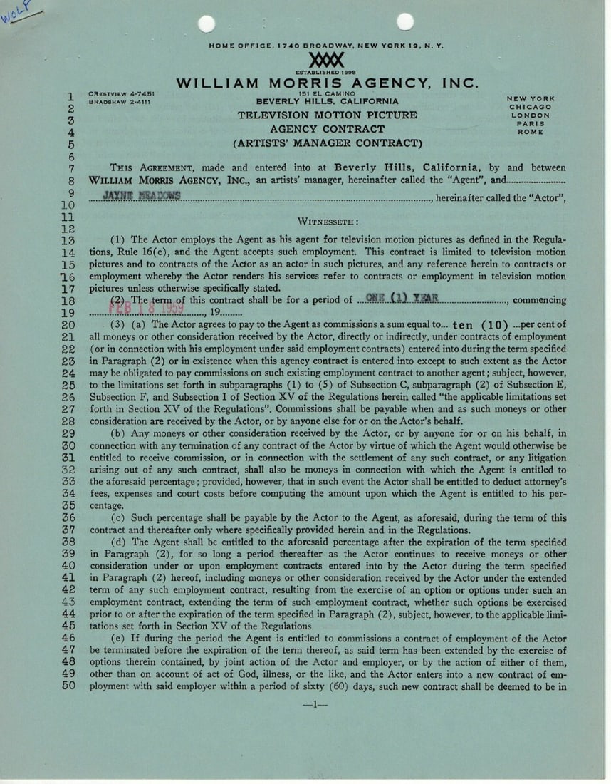 Jayne Meadows Autographed Contract Authentic JSA Signature: Jayne Meadows Autographed Contract Authentic JSA Signature This is an original autographed contract by television actress Jayne Meadows, authenticated by James Spence Authentication (JSA). The item is
