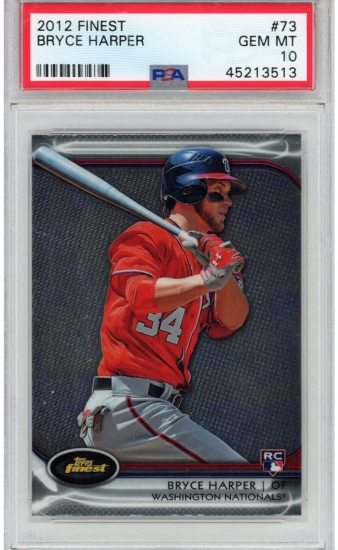 Graded 2012 Topps Finest Bryce Harper Rookie Card PSA 10 Gem Mint: Graded 2012 Topps Finest Bryce Harper Rookie Card PSA 10 Gem Mint This is a graded 2012 Topps Finest Bryce Harper #73 Rookie RC Baseball Card, receiving a prestigious PSA 10 Gem Mint grade. The card i