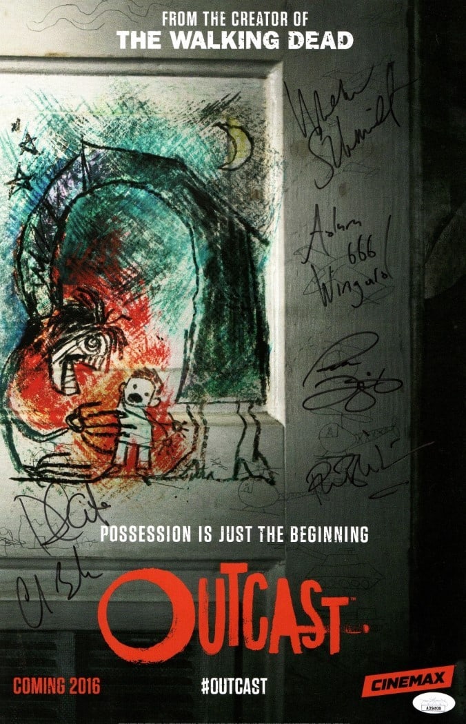 Outcast Cast Autographed 11X17 Poster 6 Signatures JSA Certified: Outcast Cast Autographed 11X17 Poster 6 Signatures JSA Certified This is an original, autographed 11X17 poster from the cast of the television series 'Outcast'. The poster features the signatures of s